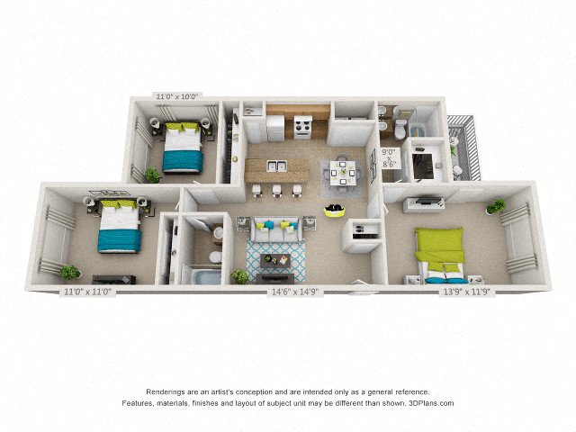 Floor plan for 3 beds, 2 baths, 1300 sqft